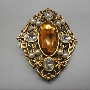 Avon Gold Brooch with Amber and Pearl Accents